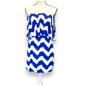 T Bags LA Strapless Mini Dress XS/S White Blue Chevron Beachy Festival